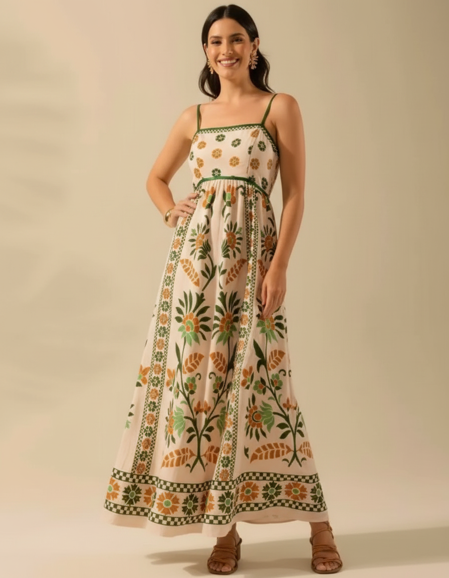 Robe longue bohème à imprimé floral pour femme, sans manches et à fines bretelles spaghetti