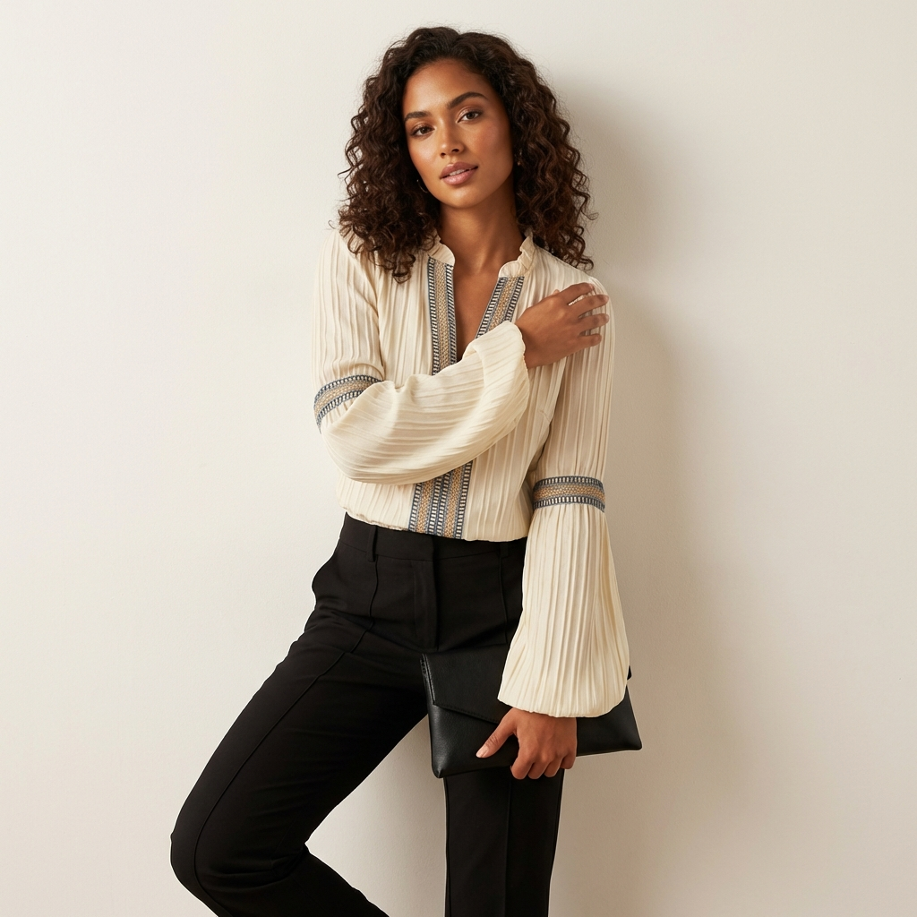 Blouse bohème pour femme, plissée et brodée, à col en V et manches longues