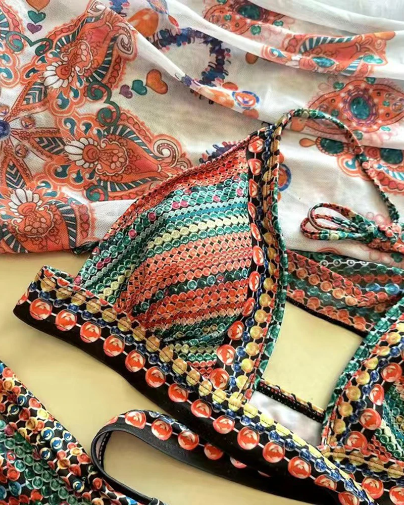 Dame Boheme Printet Høj Talje Bikini Sæt med Gennemsigtig Overdel