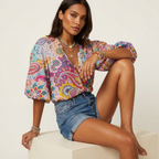 Damen Boho Paisley-Muster Bluse mit V-Ausschnitt und Puffärmeln, lässig