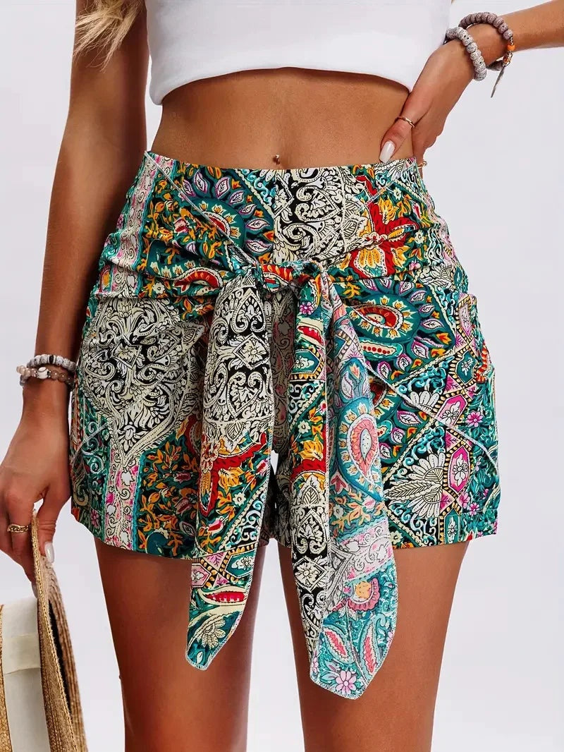 Dame Boheme Paisley Wrap Bindebånd Høj Talje Casual Shorts