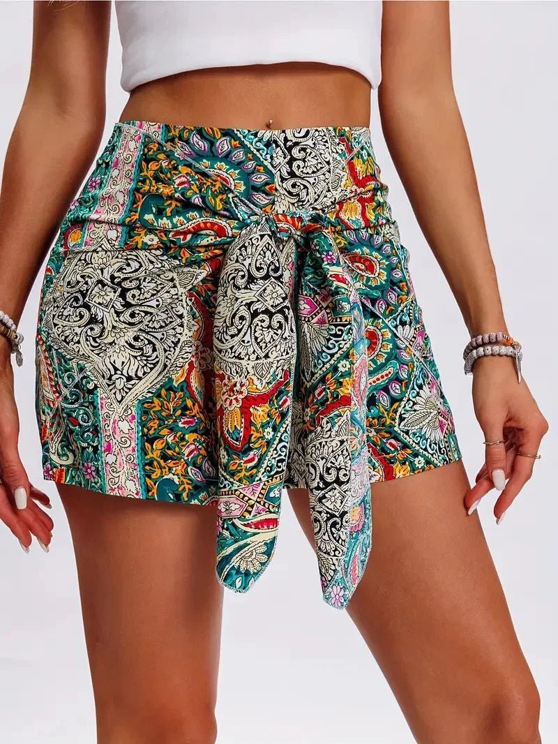 Dame Boheme Paisley Wrap Bindebånd Høj Talje Casual Shorts