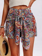 Damen Boho Paisley Wickel-Shorts mit hohem Bund, lässig und zum Binden