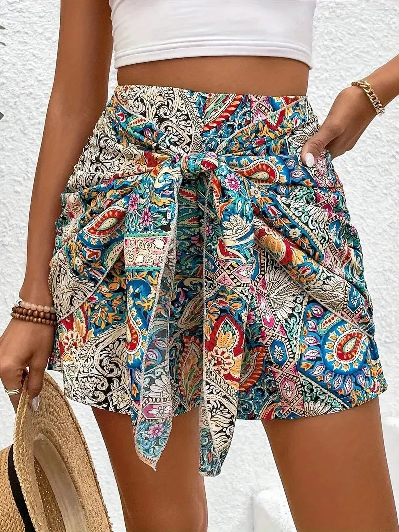 Dame Boheme Paisley Wrap Bindebånd Høj Talje Casual Shorts