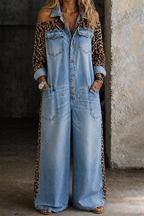 Damen-Jumpsuit aus Jeansstoff mit Leopardenmuster und weitem Bein