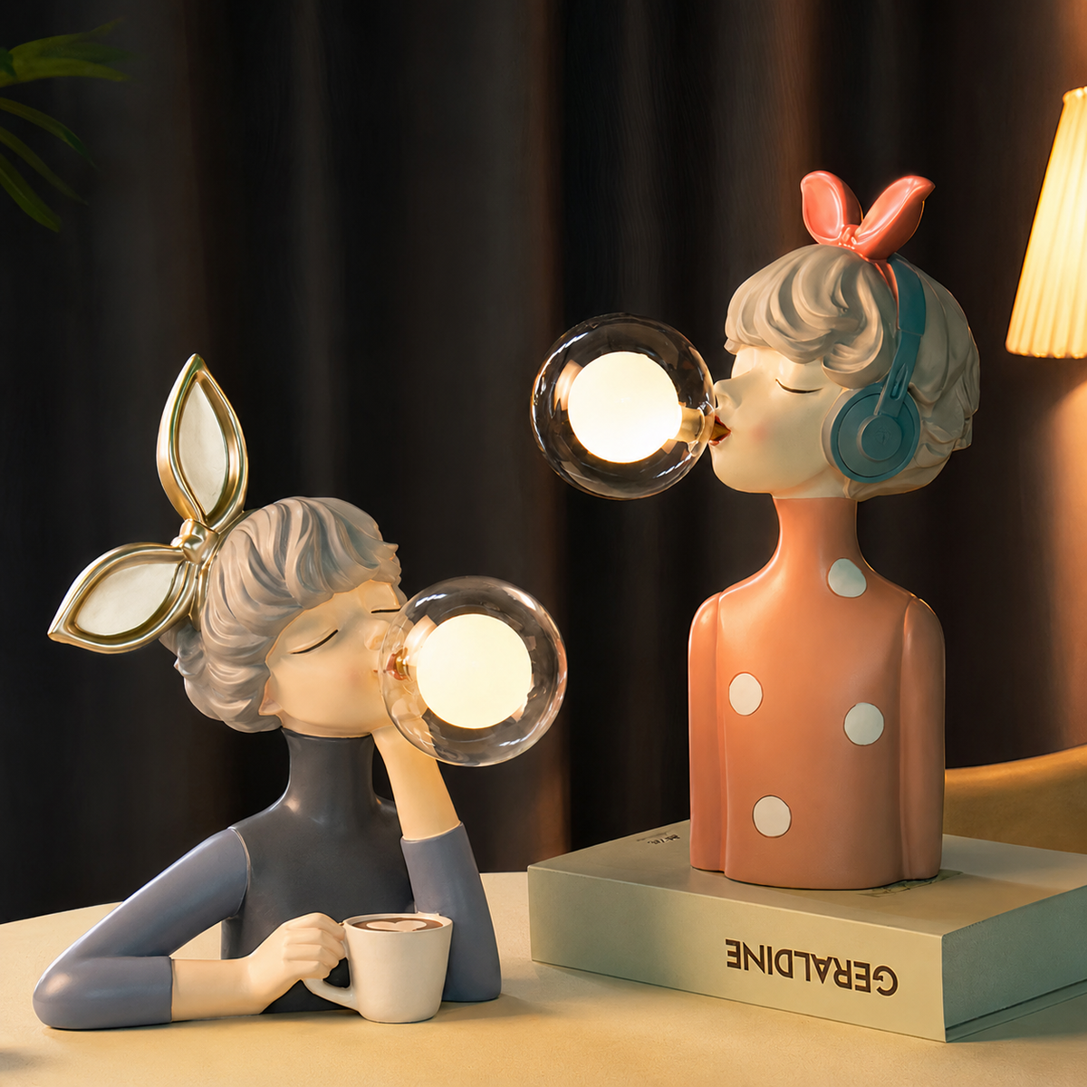 Dekorativ LED-bordlampe med pige, der blæser en boble