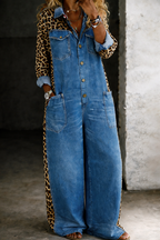 Damen-Jumpsuit aus Jeansstoff mit Leopardenmuster und weitem Bein