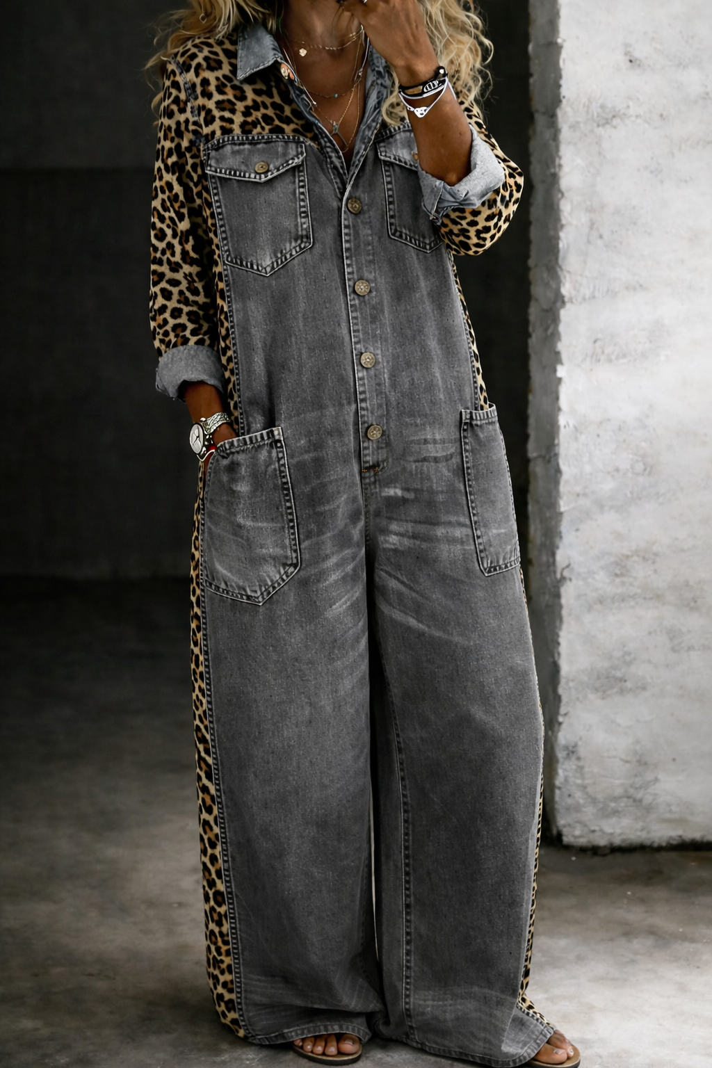 Damen-Jumpsuit aus Jeansstoff mit Leopardenmuster und weitem Bein