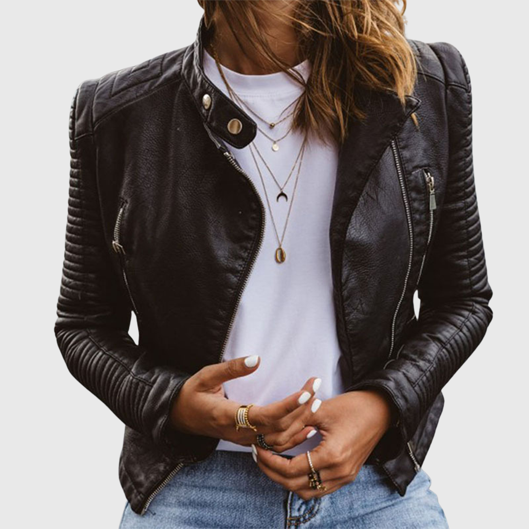 Veste de motard pour femme en similicuir avec manches matelassées