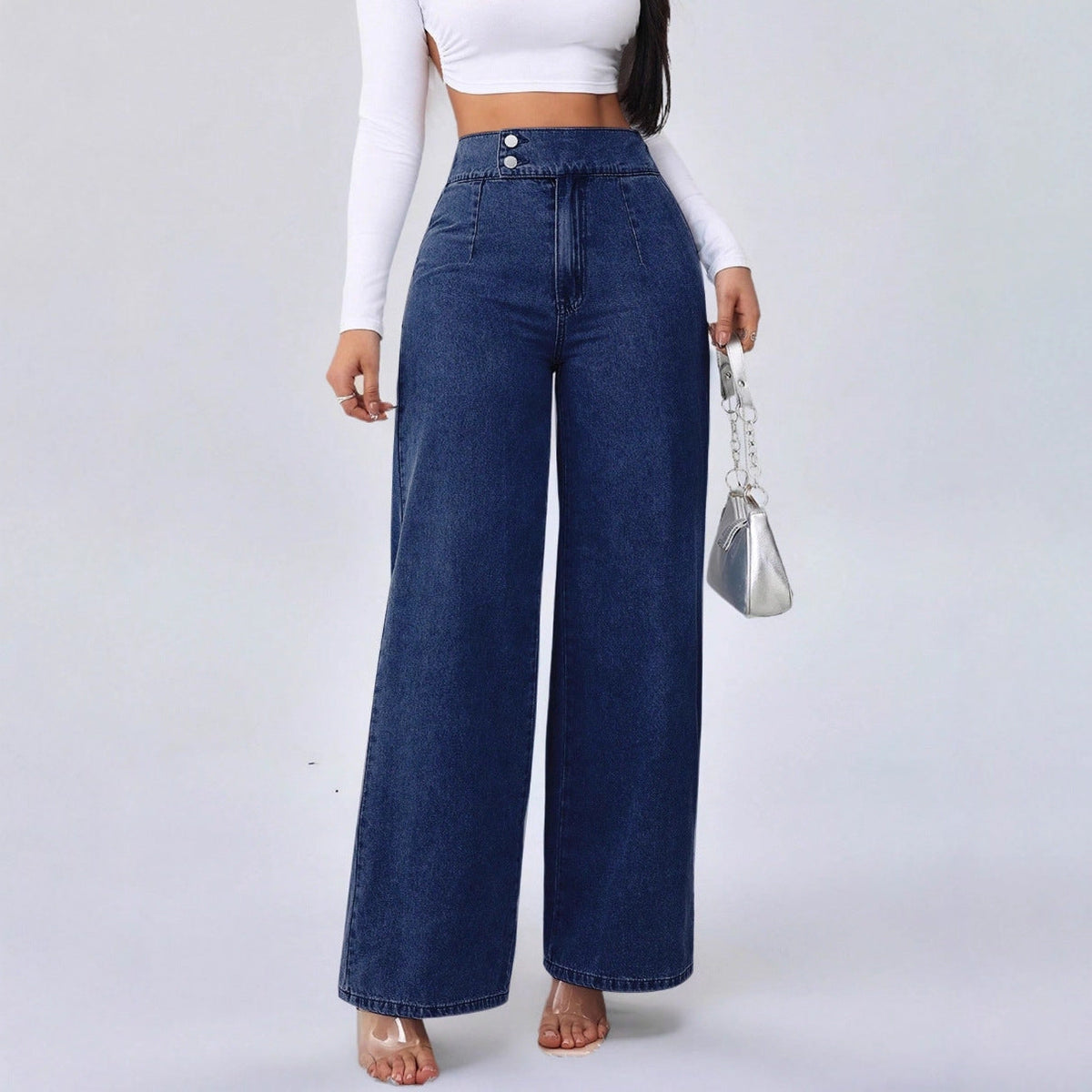 Women's Double-Button Wide-Leg Denim Trousers