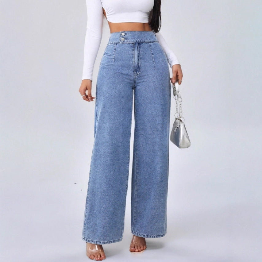 Women's Double-Button Wide-Leg Denim Trousers
