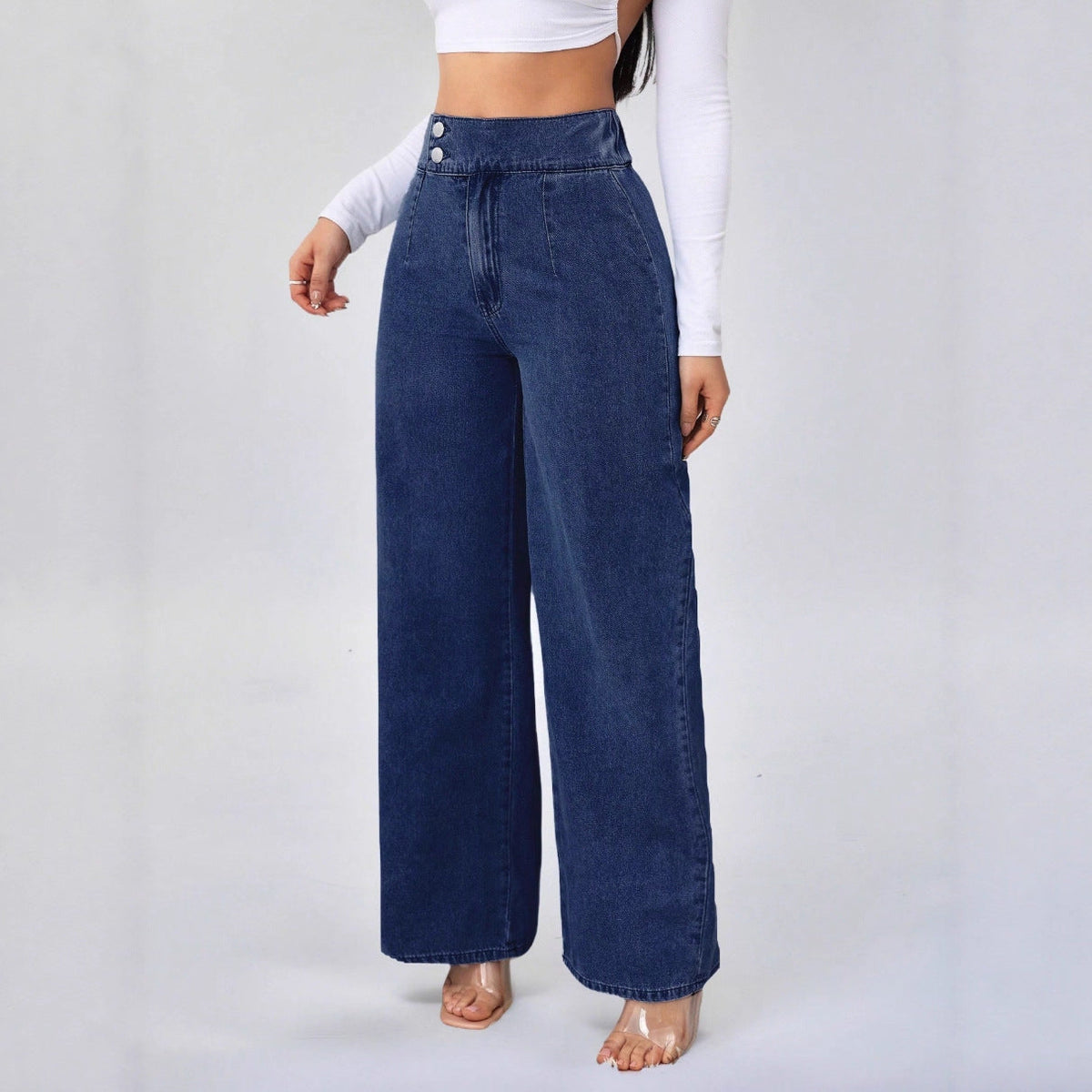 Women's Double-Button Wide-Leg Denim Trousers