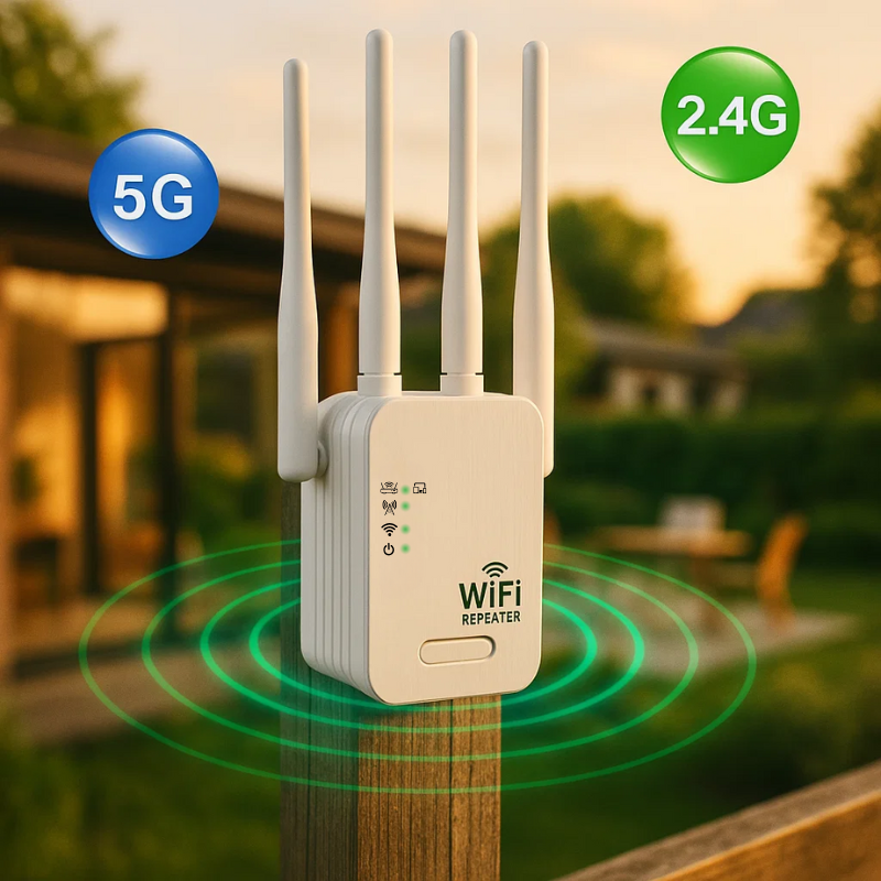 Dualband-WiFi-rækkeviddeforlænger med 2,4 GHz- og 5 GHz-forbindelse