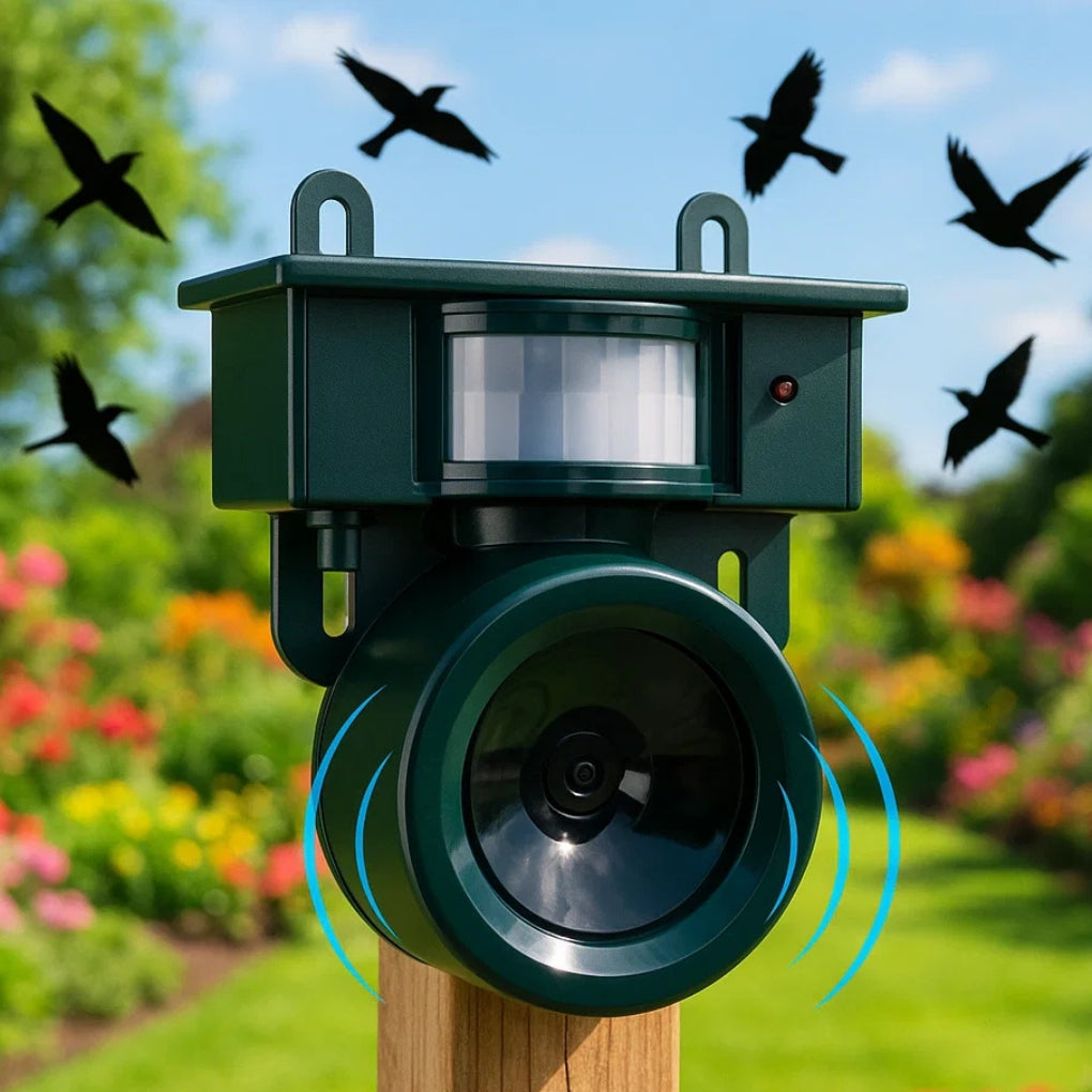 Ahuyentador de aves con sensor de movimiento para exteriores y modos de sonido ajustables
