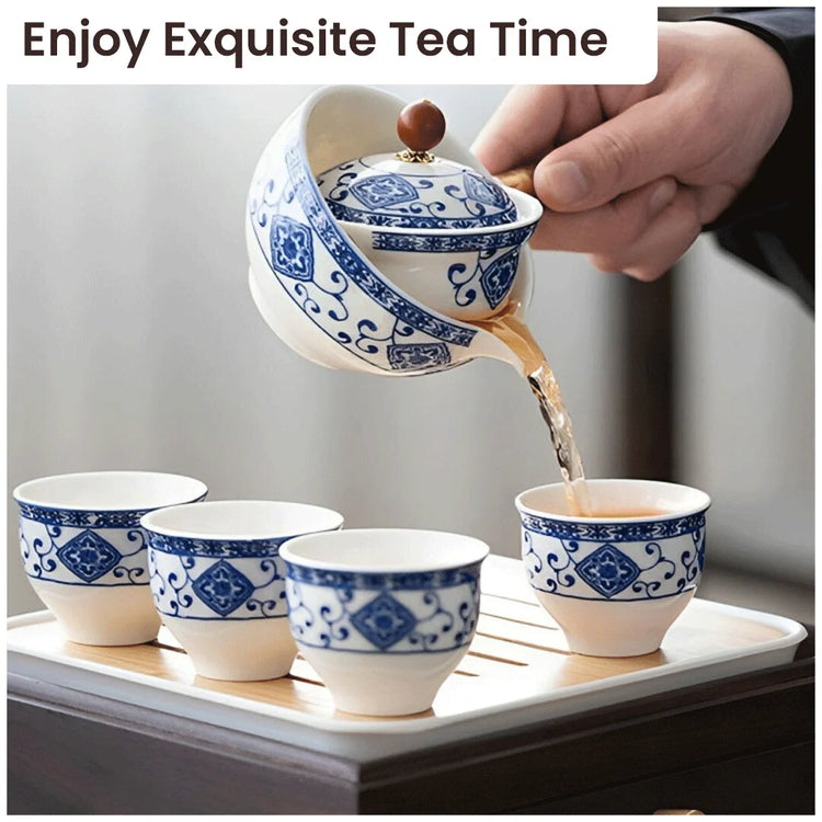 Juego de té Gongfu de porcelana con asa lateral de madera y tapa ajustada