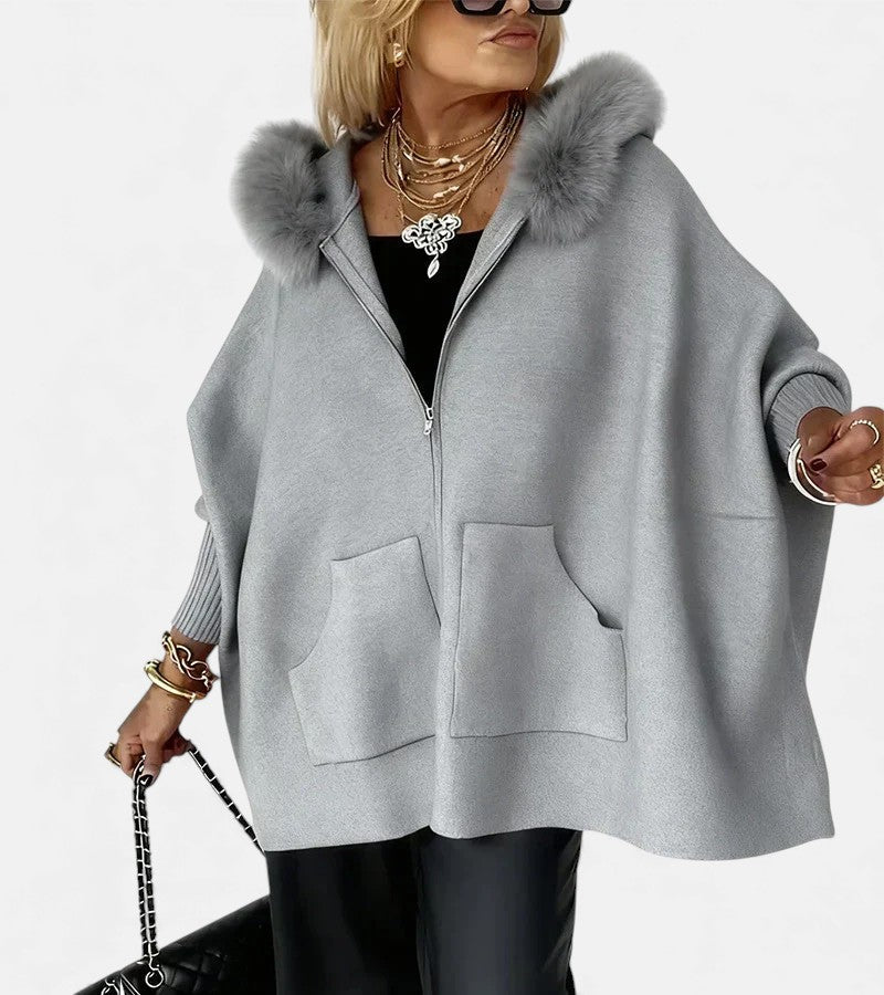 Cape ample pour femme à fermeture éclair avec bordure en fausse fourrure