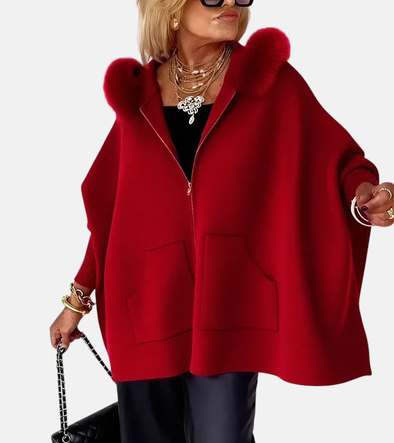 Cape ample pour femme à fermeture éclair avec bordure en fausse fourrure