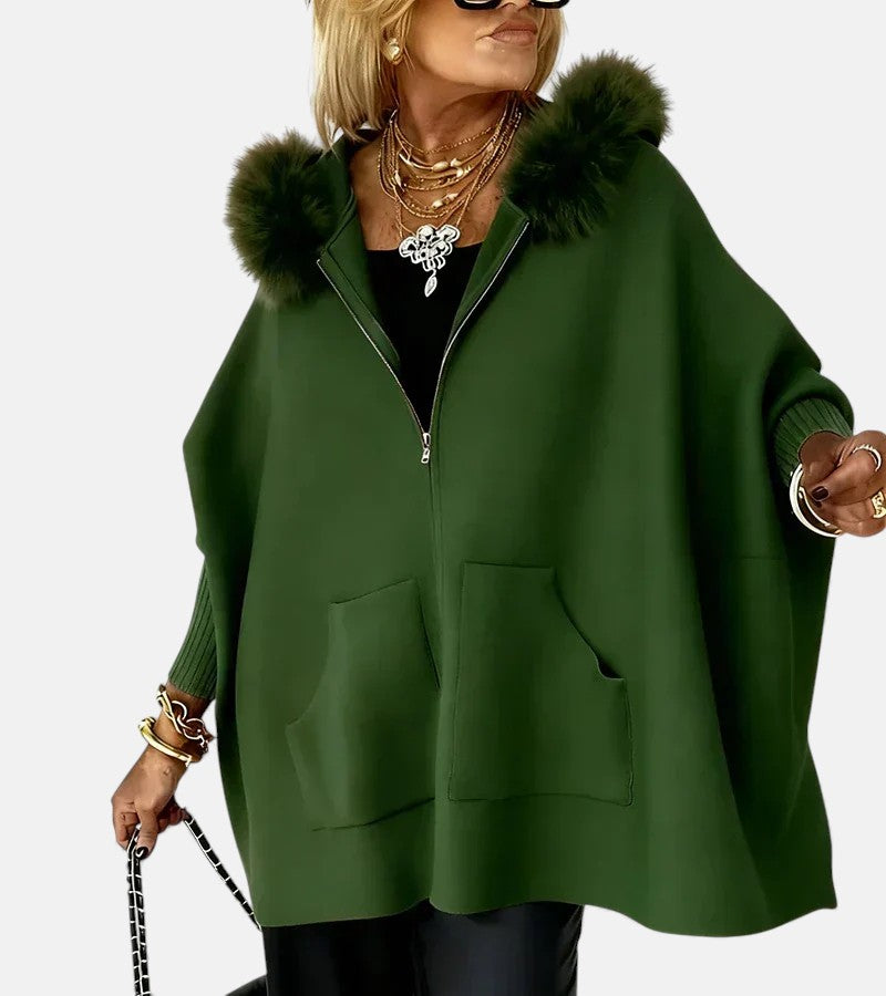 Cape ample pour femme à fermeture éclair avec bordure en fausse fourrure