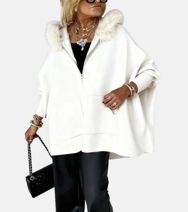 Cape ample pour femme à fermeture éclair avec bordure en fausse fourrure