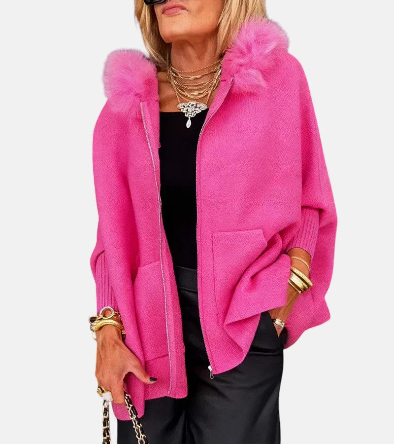 Übergroße Cape-Jacke mit Reißverschluss, Kunstpelzbesatz und für Damen