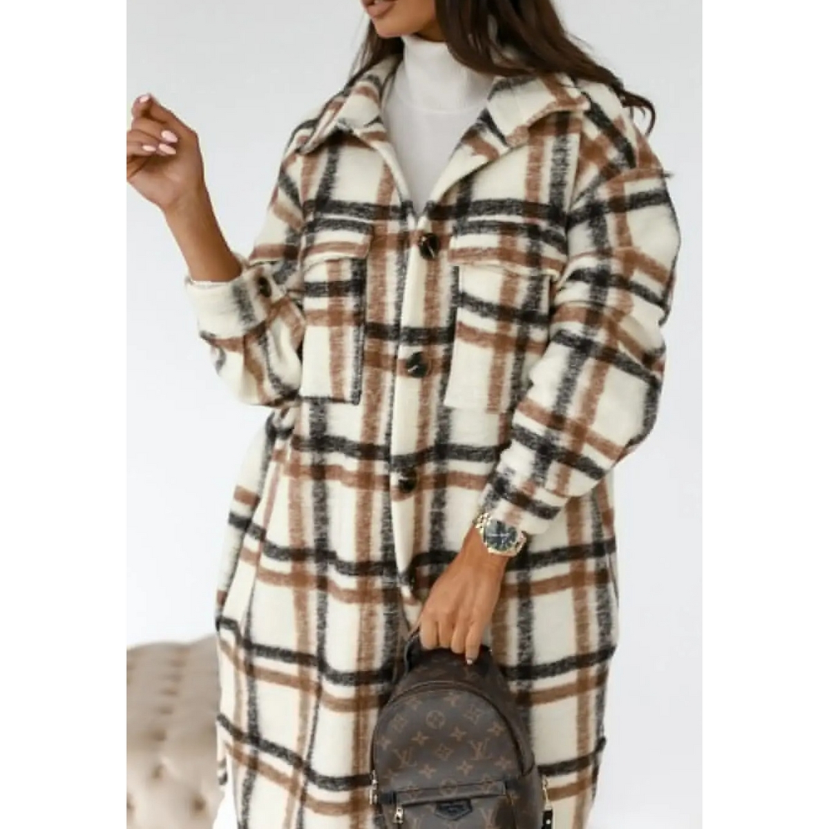 Manteau long à carreaux pour femme, boutonné sur le devant