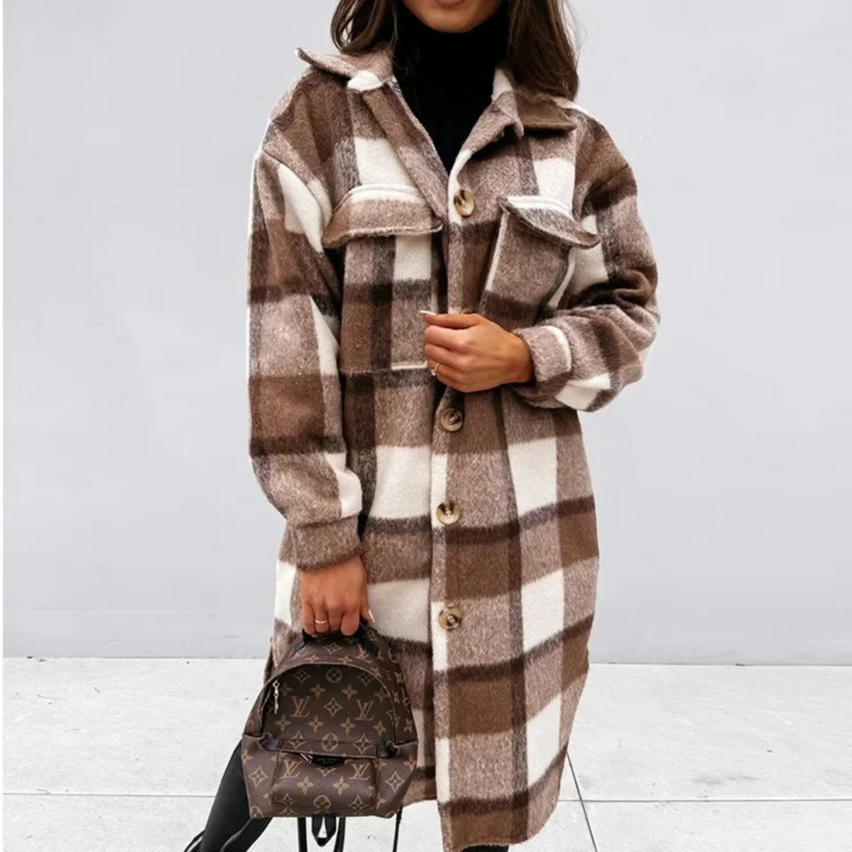 Manteau long à carreaux pour femme, boutonné sur le devant