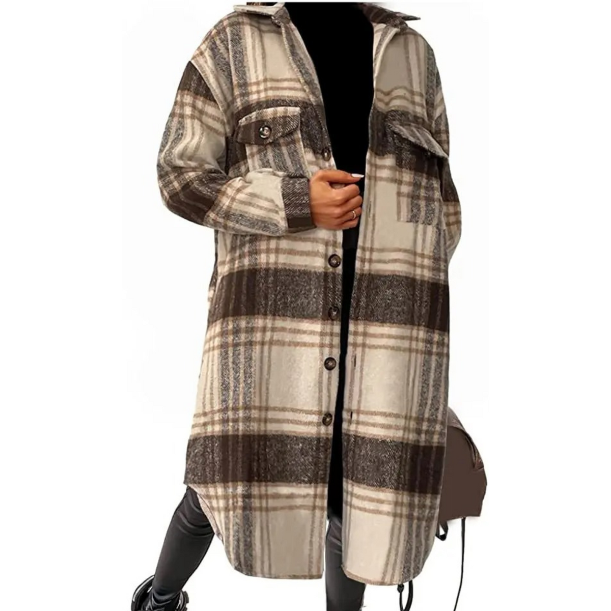 Manteau long à carreaux pour femme, boutonné sur le devant
