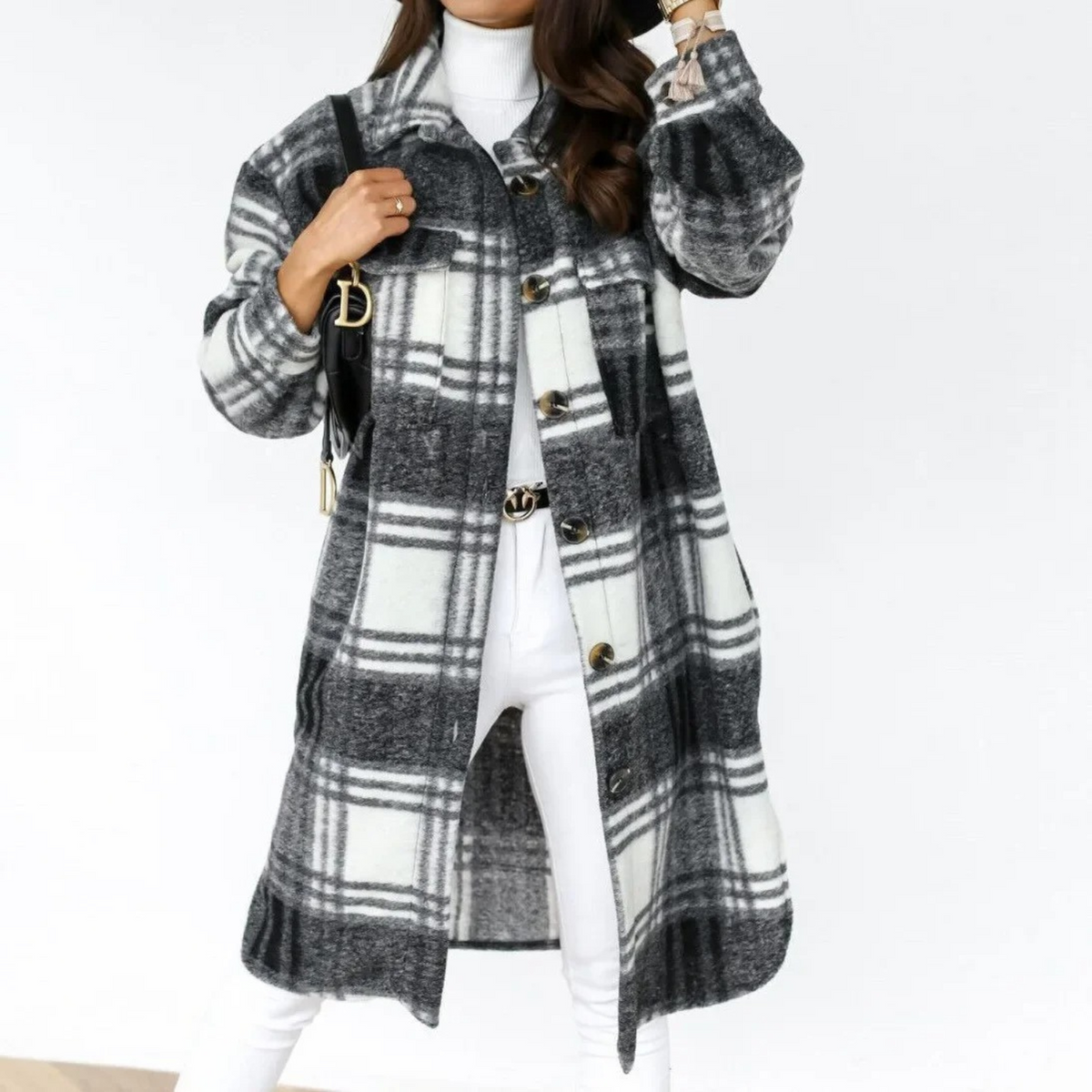 Manteau long à carreaux pour femme, boutonné sur le devant