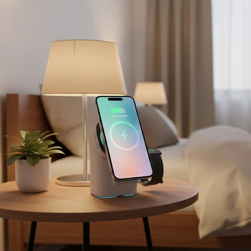 Station de charge sans fil rotative 3-en-1 pour téléphone, montre et écouteurs