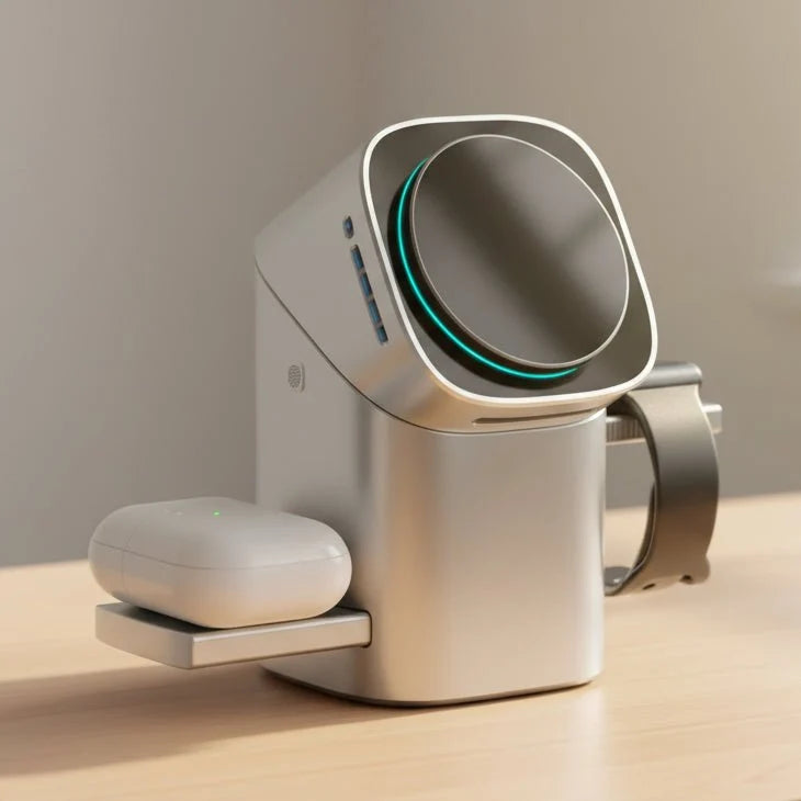Station de charge sans fil rotative 3-en-1 pour téléphone, montre et écouteurs