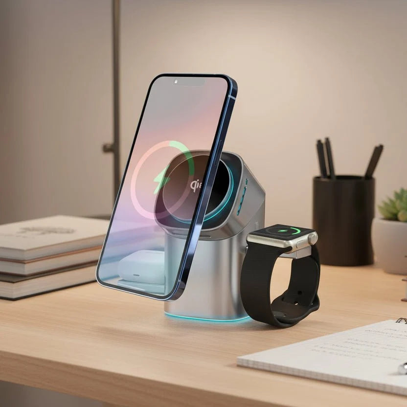 Station de charge sans fil rotative 3-en-1 pour téléphone, montre et écouteurs