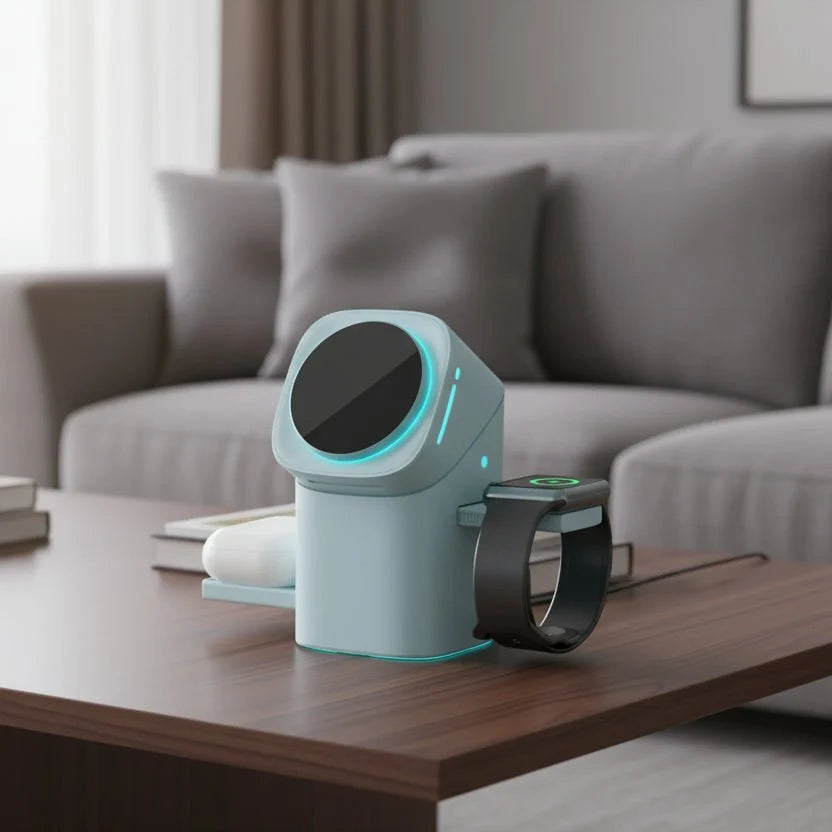 Station de charge sans fil rotative 3-en-1 pour téléphone, montre et écouteurs