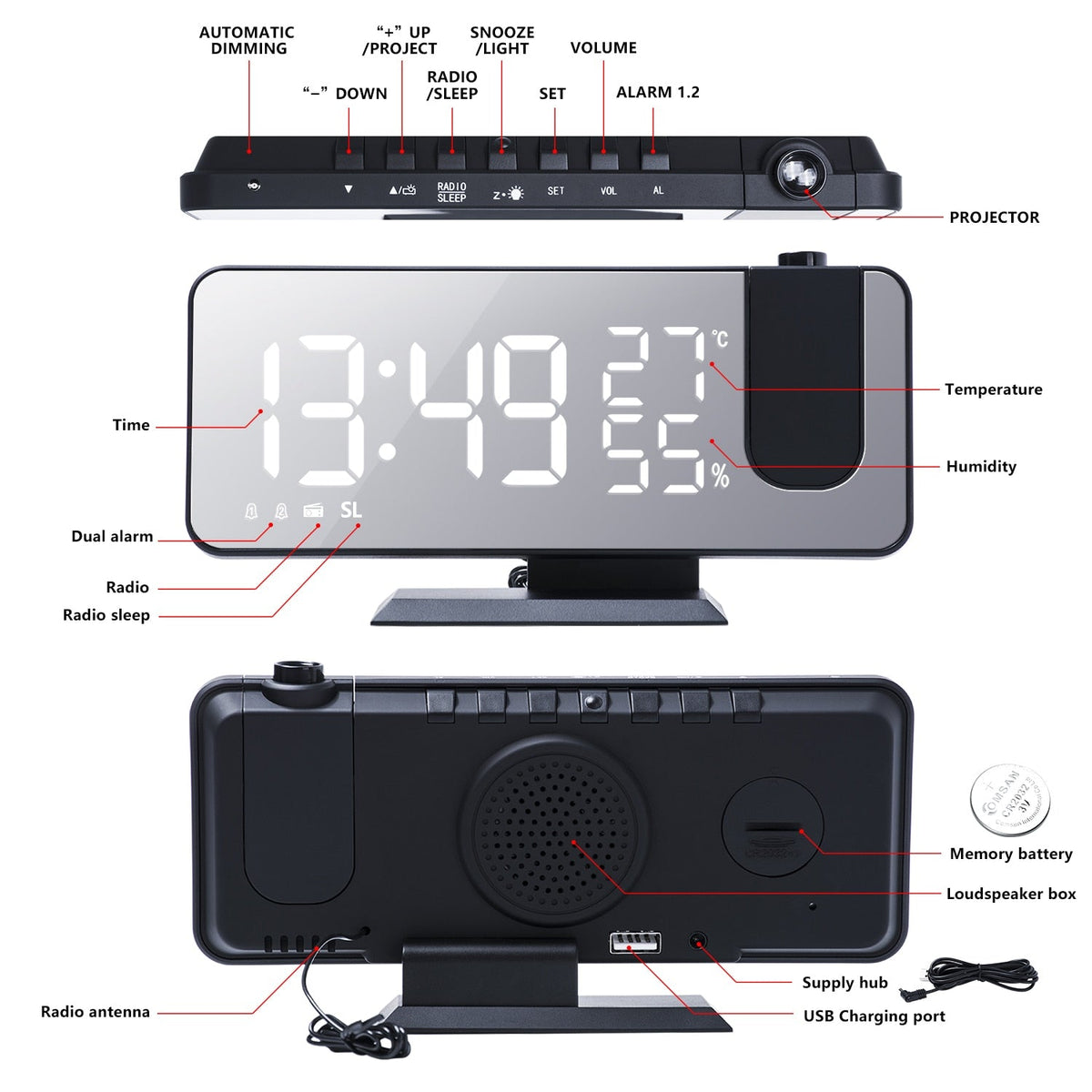 Sveglia con proiezione LED e radio FM
