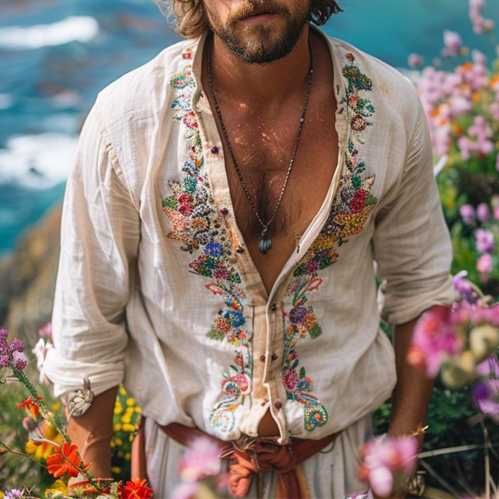 Bedrucktes Boho-Hemd für Herren mit legerer Passform und kunstvollen Blumendetails
