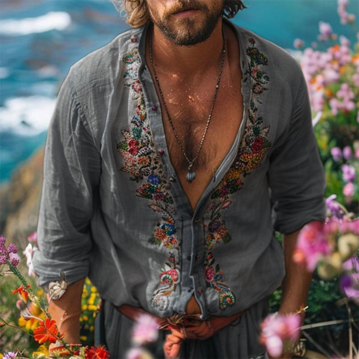 Men's Printed Bohemian Shirt with Relaxed Fit and Artistic Floral Detailing