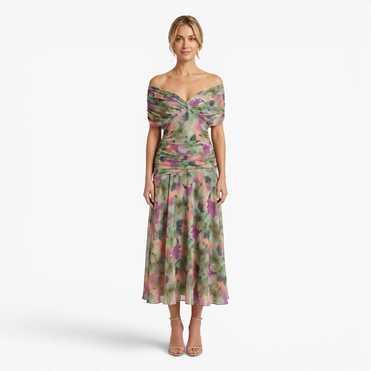 Dame elegant V-hals midi-kjole med flydende mesh-overdel