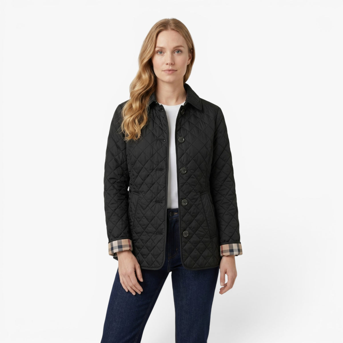 Chaqueta acolchada entallada para mujer con cuello alto y diseño de rombos