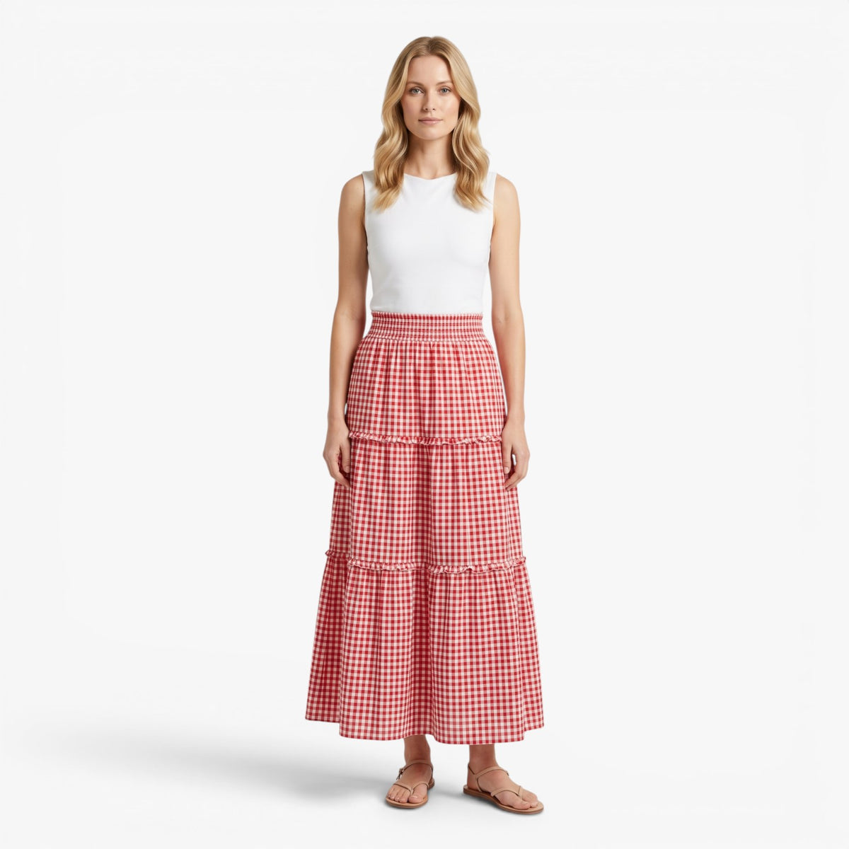Damen Maxirock mit Vichy-Karo, Stufen und Smok-Bund