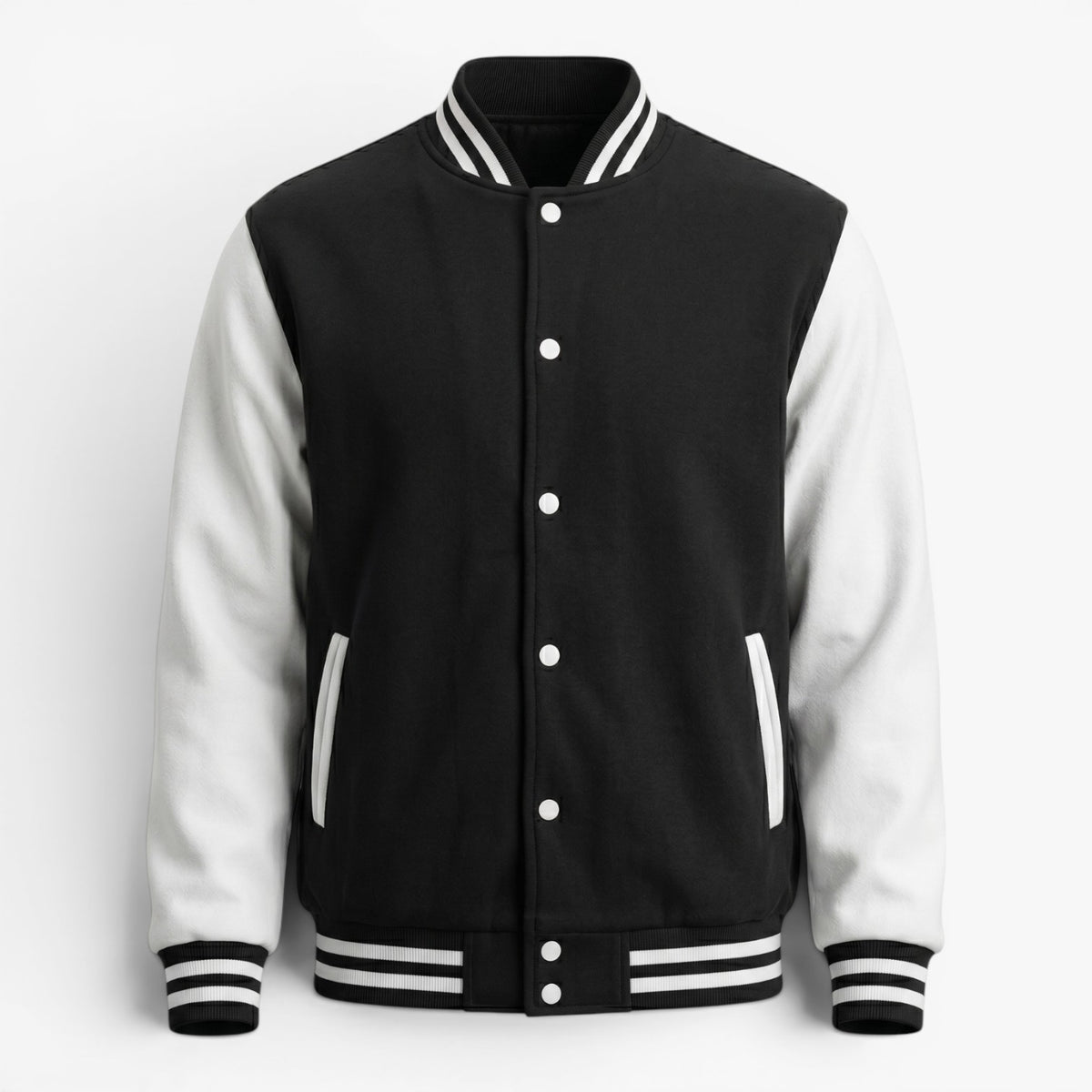 Men's Classic Varsity Bomber Jacket with Contrast Sleeves and Striped Ribbed Trim