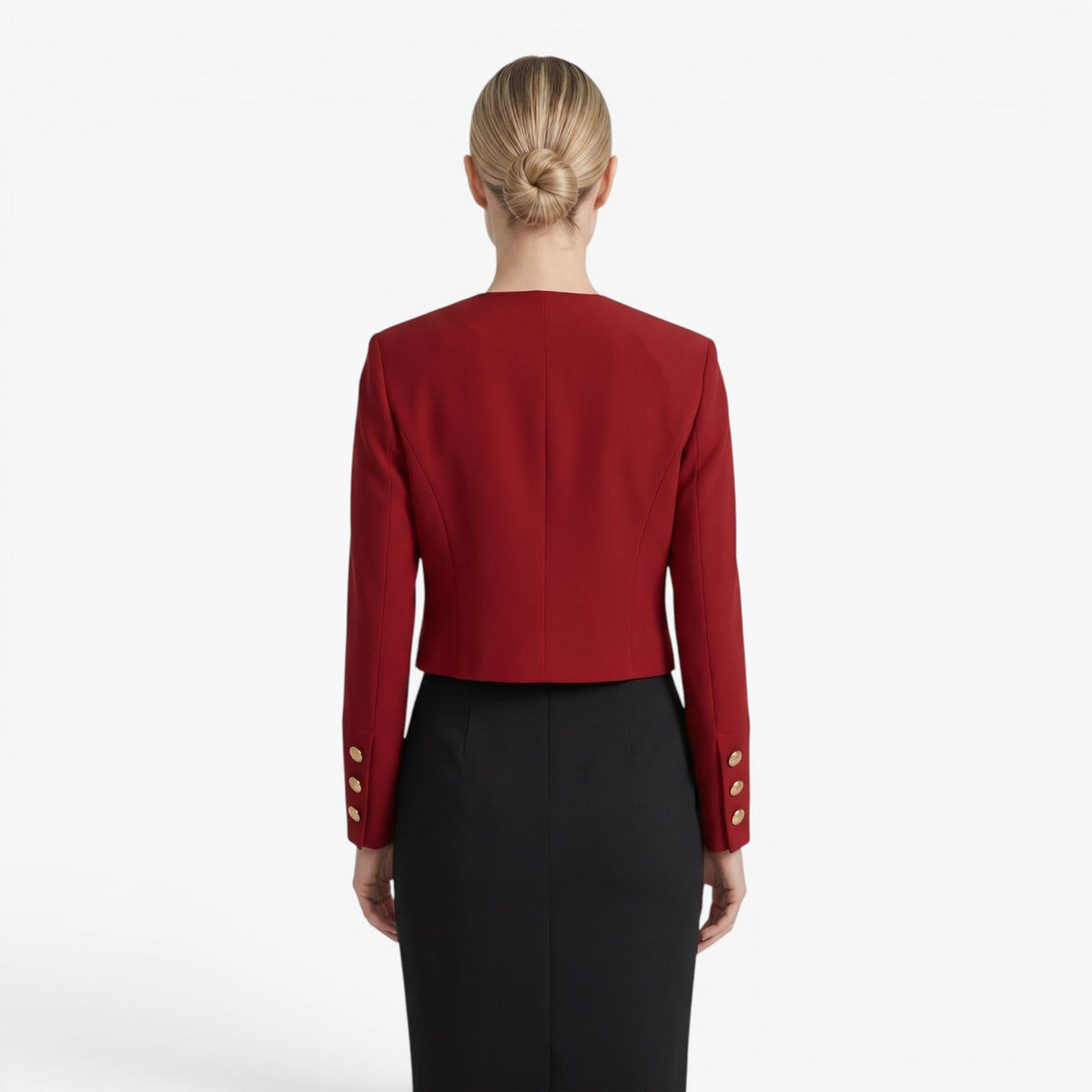 Dame cropped åben-front blazer med knapdetaljer ved manchet