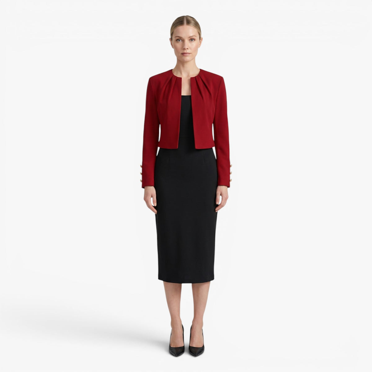 Dame cropped åben-front blazer med knapdetaljer ved manchet