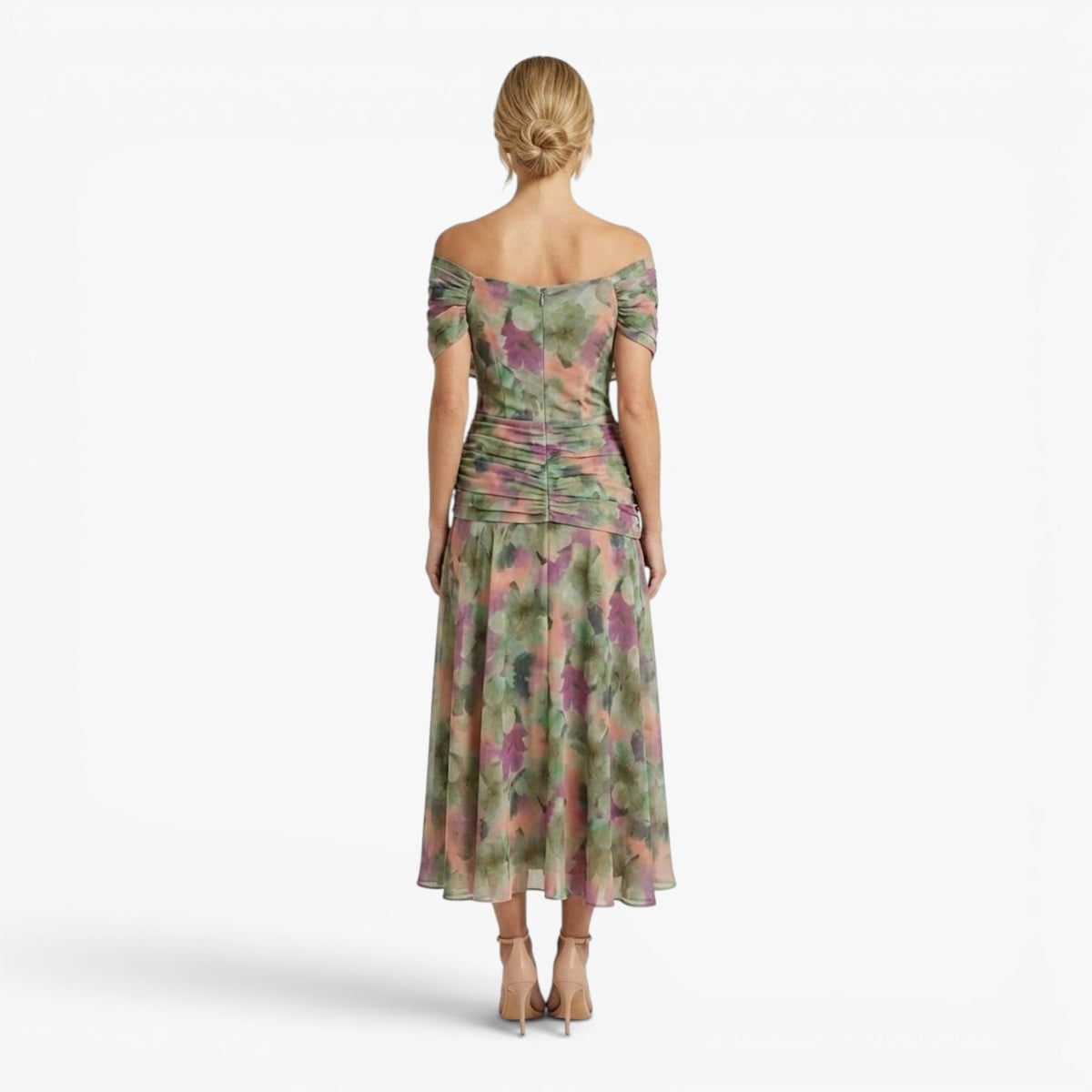 Dame elegant V-hals midi-kjole med flydende mesh-overdel