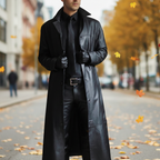 Trench coat lungo da uomo in pelle con colletto a revers dentellato