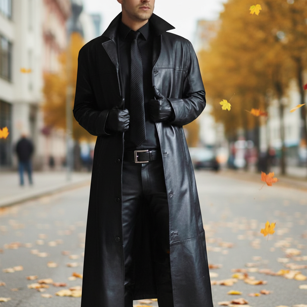Men's Long Leather-Look Coat with Button Front