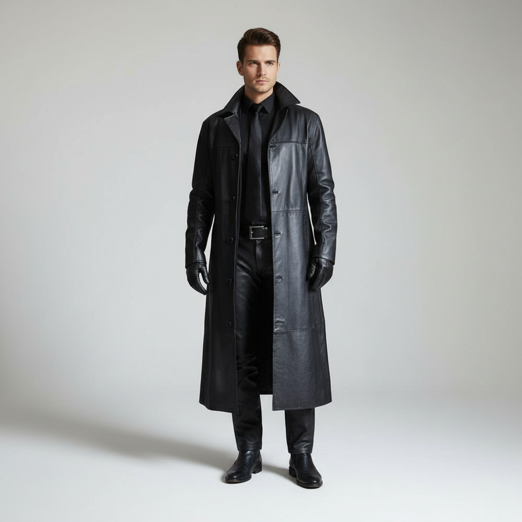 Trench coat lungo da uomo in pelle con colletto a revers dentellato
