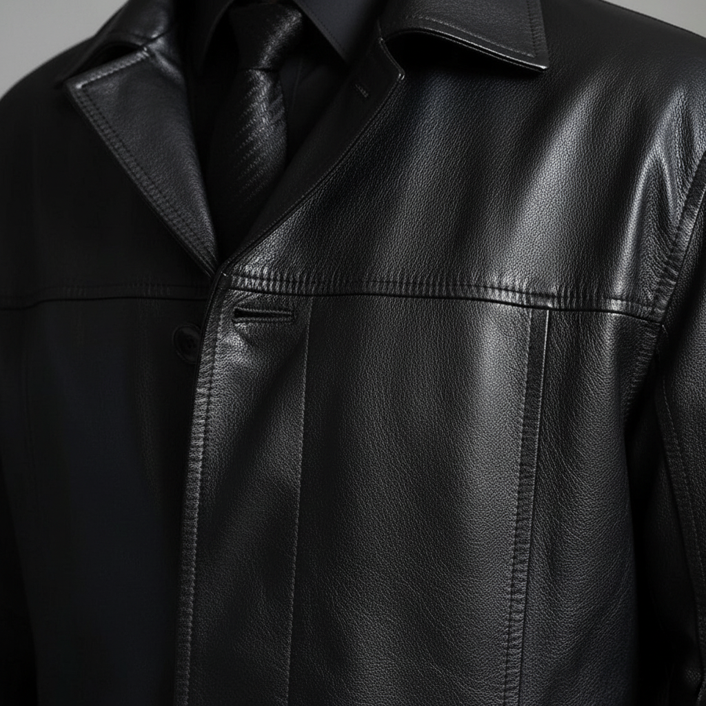 Men's Long Leather-Look Coat with Button Front