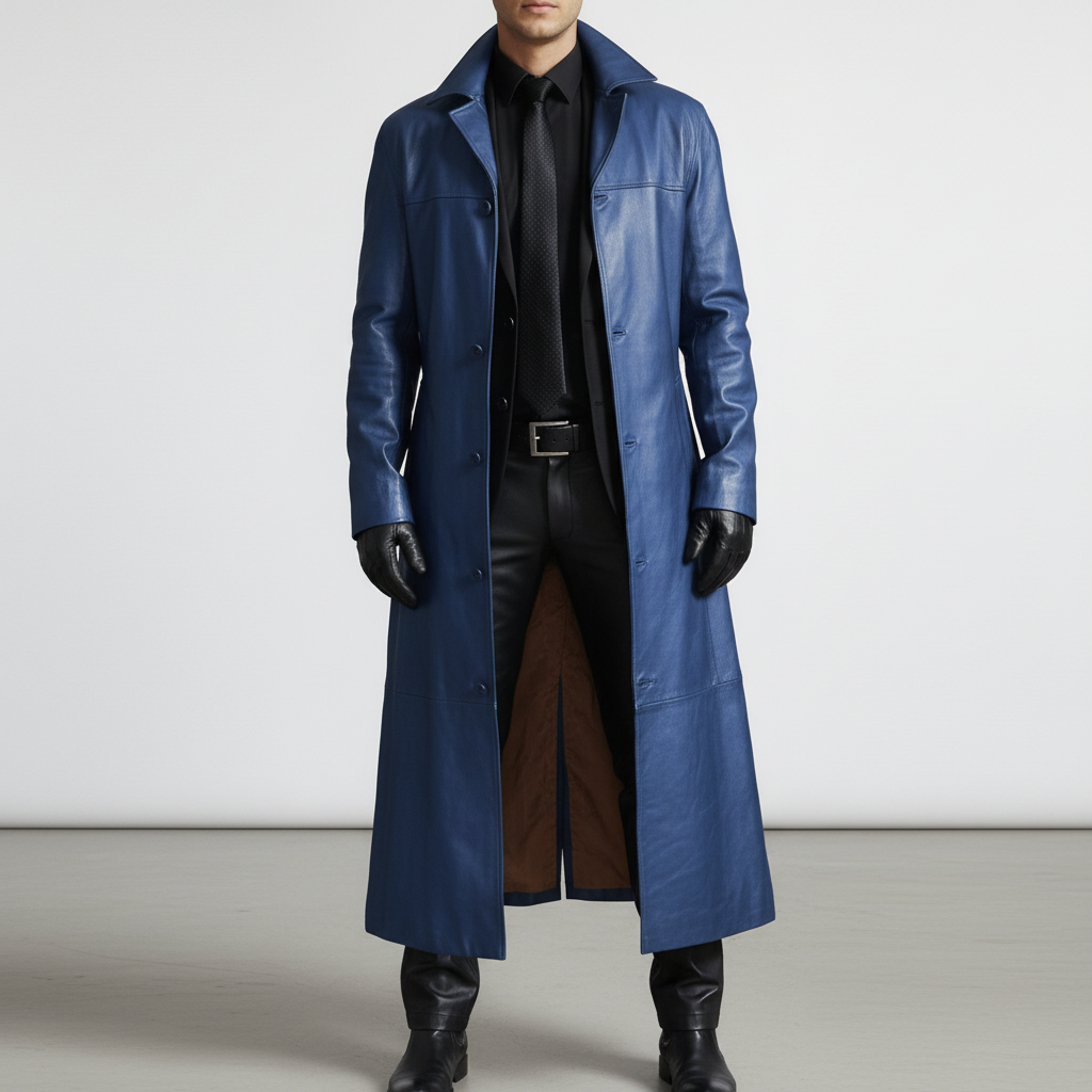 Men's Long Leather-Look Coat with Button Front