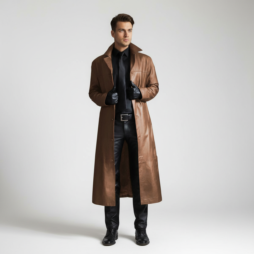 Men's Long Leather-Look Coat with Button Front