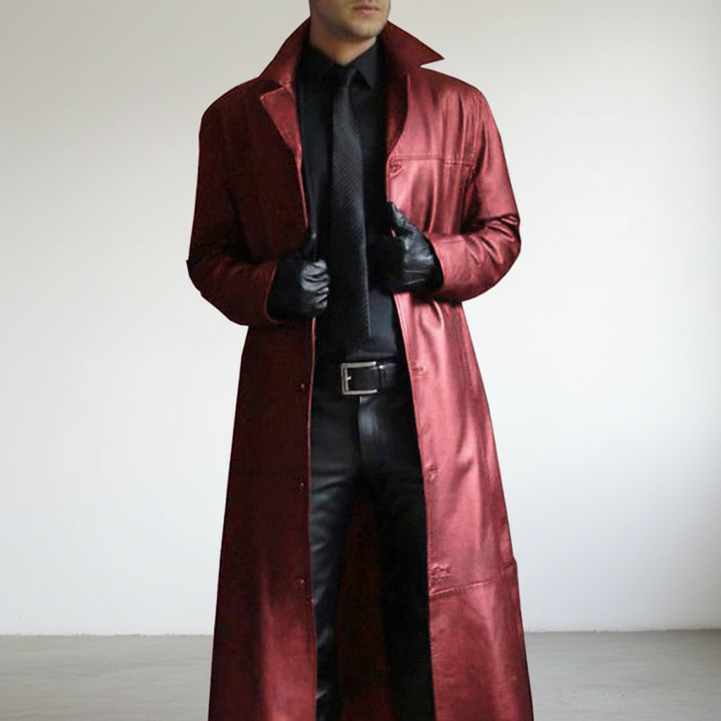 Men's Long Leather-Look Coat with Button Front