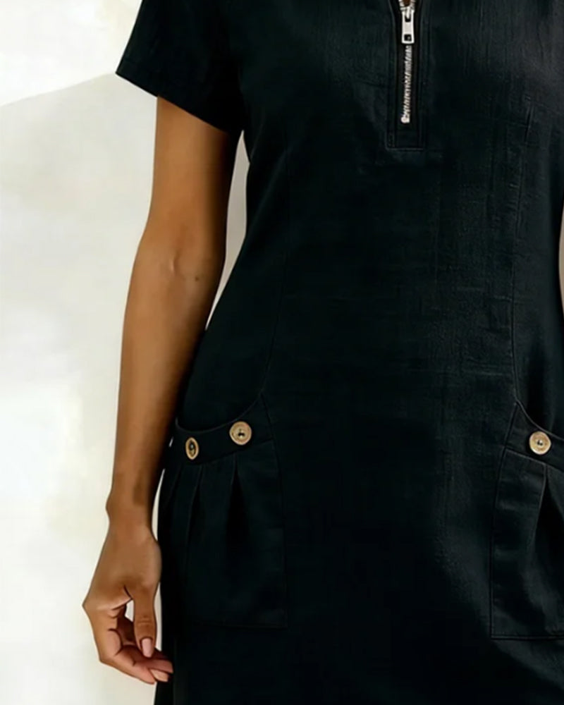 Women’s A-Line Dress with Zip Neckline and Practical Pocket Design